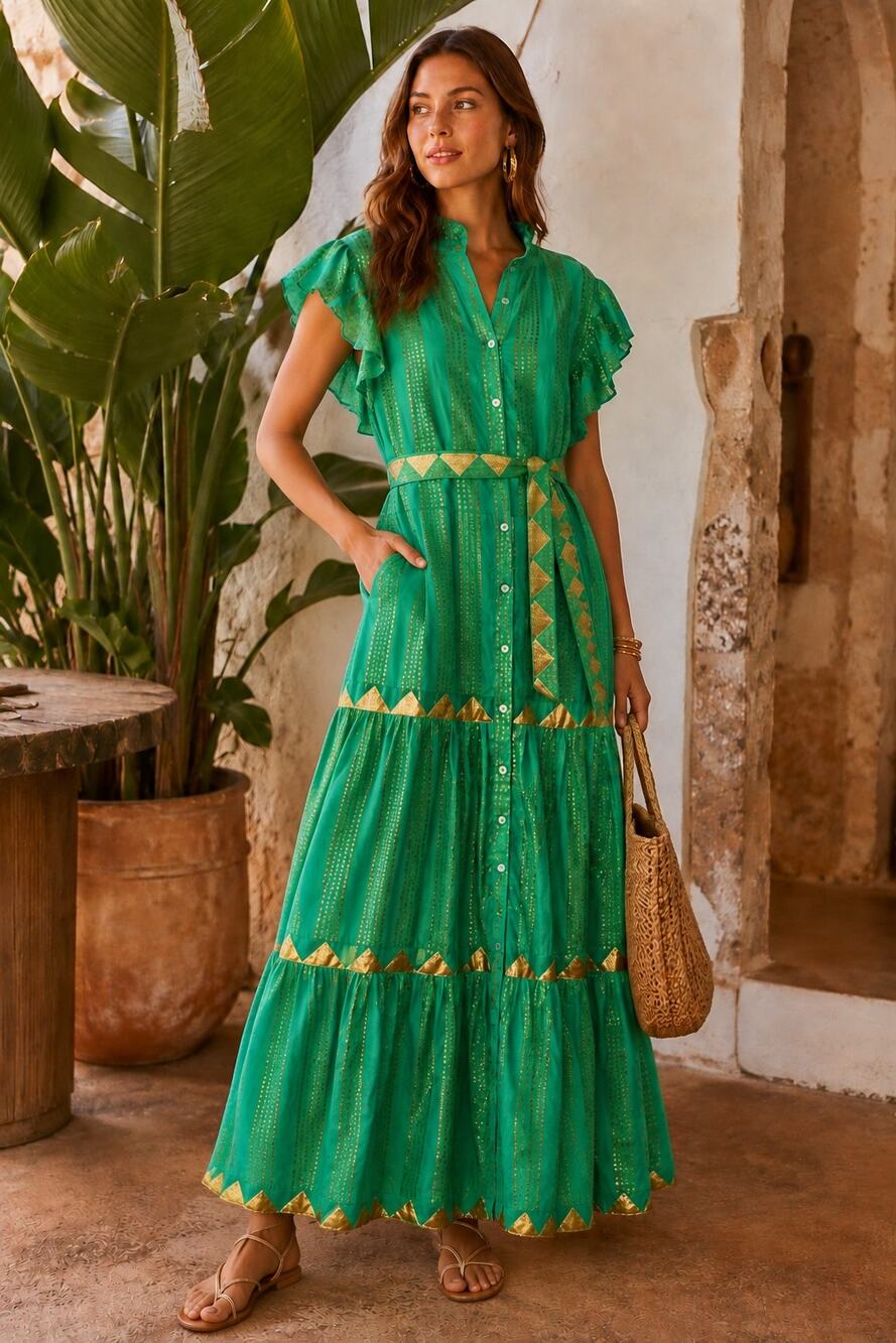 NWOT Oliphant Ruffle Collar Maxi Dress Green Gold XL